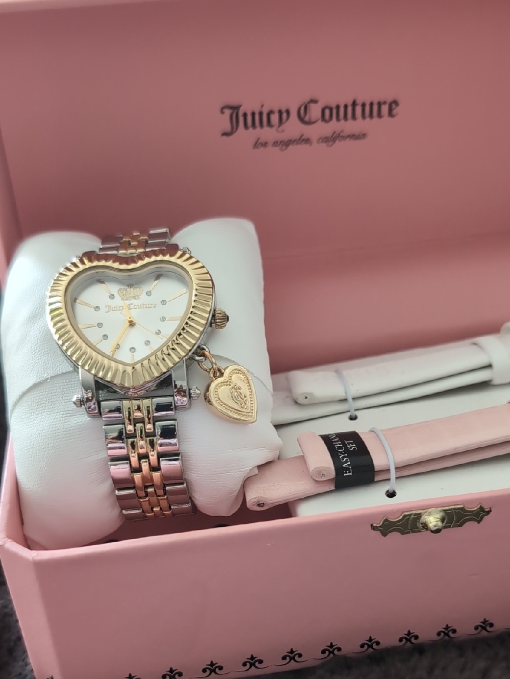 Juicy Couture Two-Tone Heart Charm Watch with Pink & White Straps
